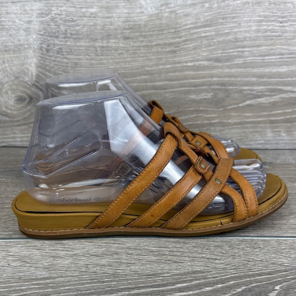 Timberland Tan Leather Women’s Sz 7.5M 17624 Slip On Open Toe Strap Sandals